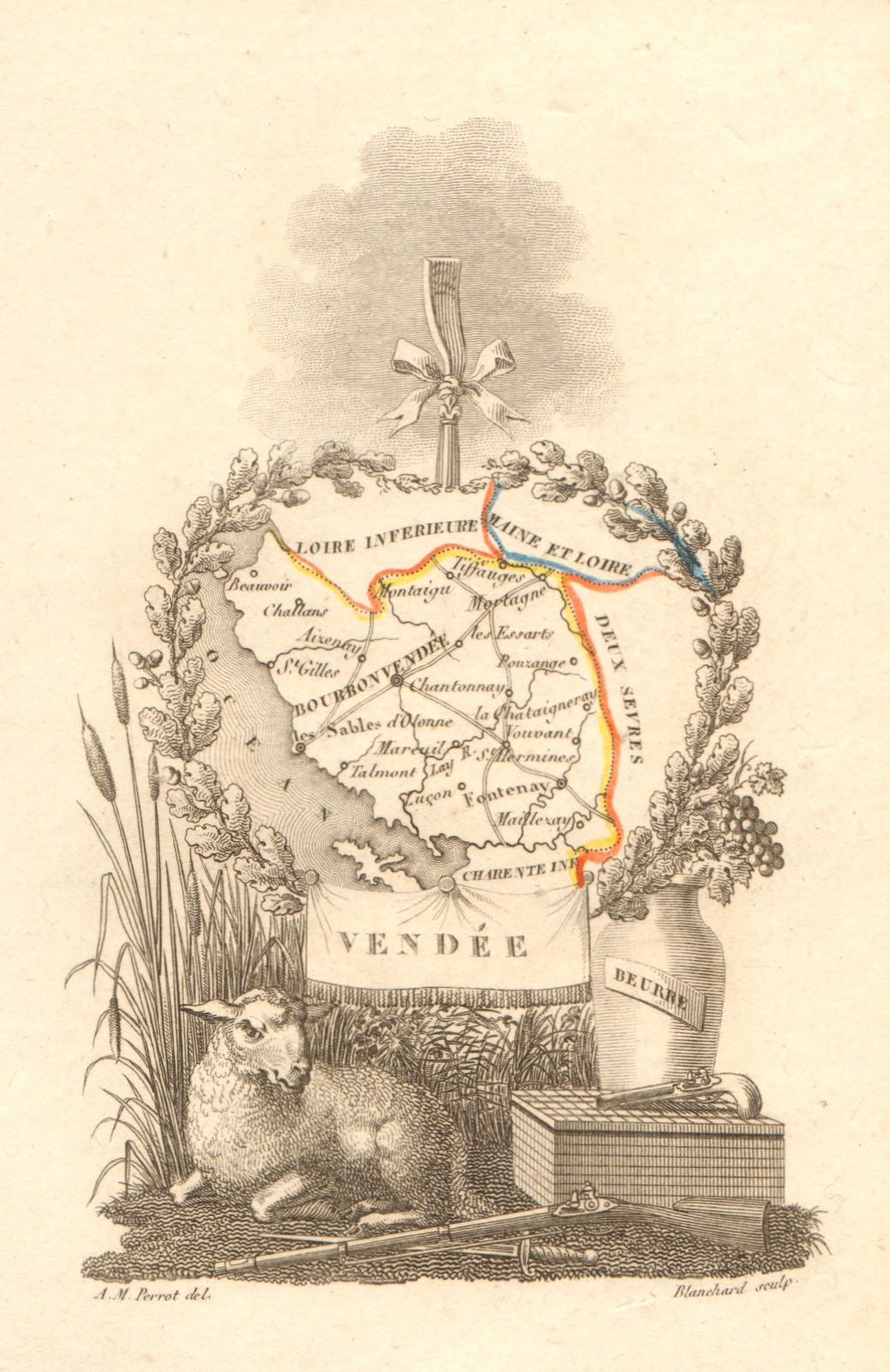 VENDÉE département. Scarce antique map/carte by A.M. PERROT 1823 old